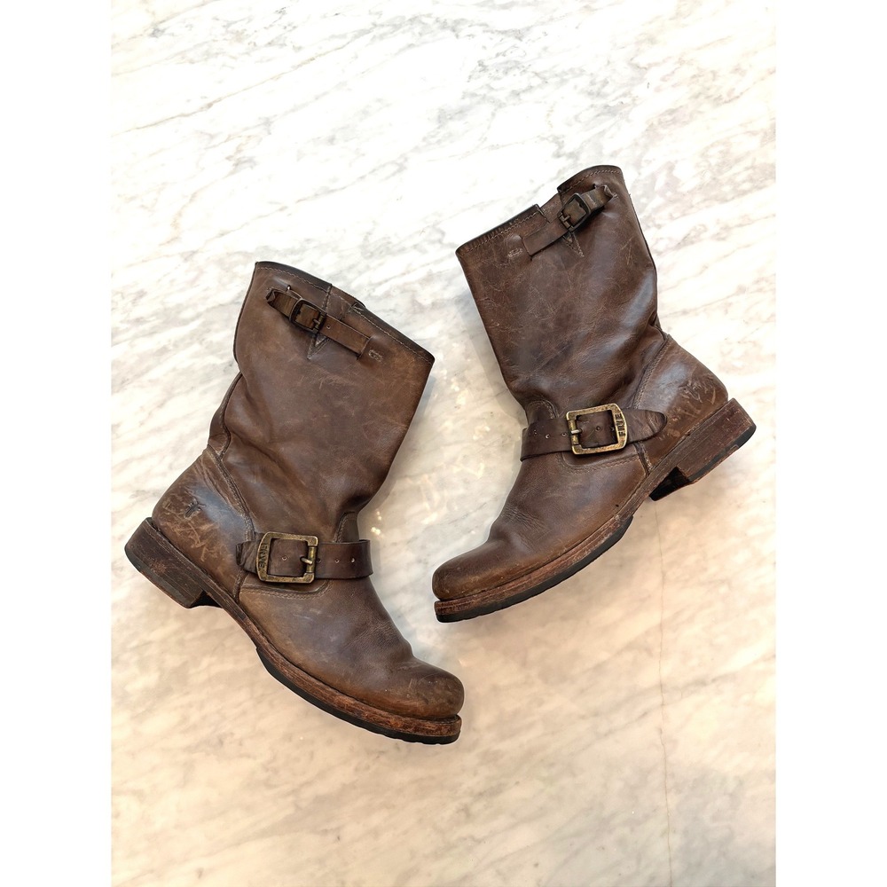Frye Veronica Pull On Boot Brown Distressed Leather Ankle Buckle Size 8B 76514